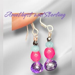 💖genuine amethyst, tourmaline, aquamarine and sterling earrings